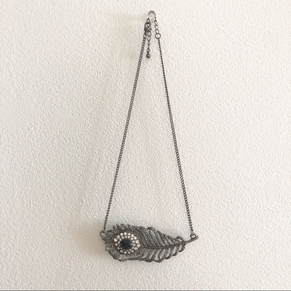 Rhinestone peacock feather charm necklace